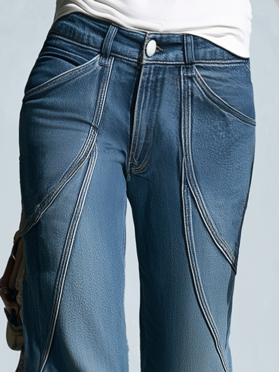 Vintage Medium Blue Women Mid Rise Curved Seam Flare Denim Jeans