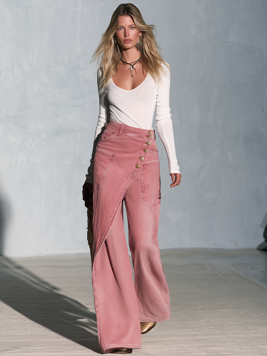 Chic Pink Women Wrap Front Gold Button Wide Leg Denim Jeans