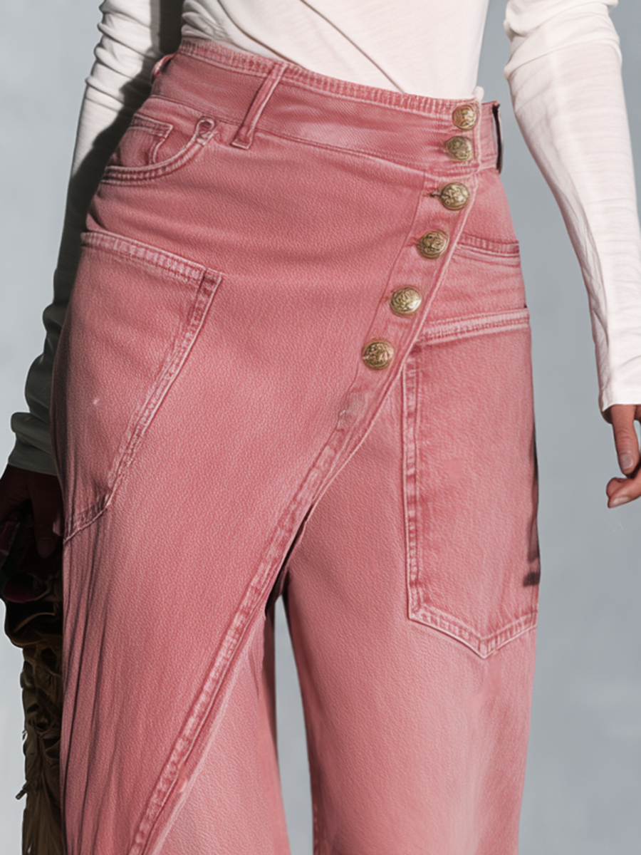 Chic Pink Women Wrap Front Gold Button Wide Leg Denim Jeans