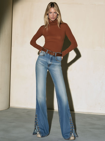 Casual Retro Split-hem Flared Faded Blue Jeans