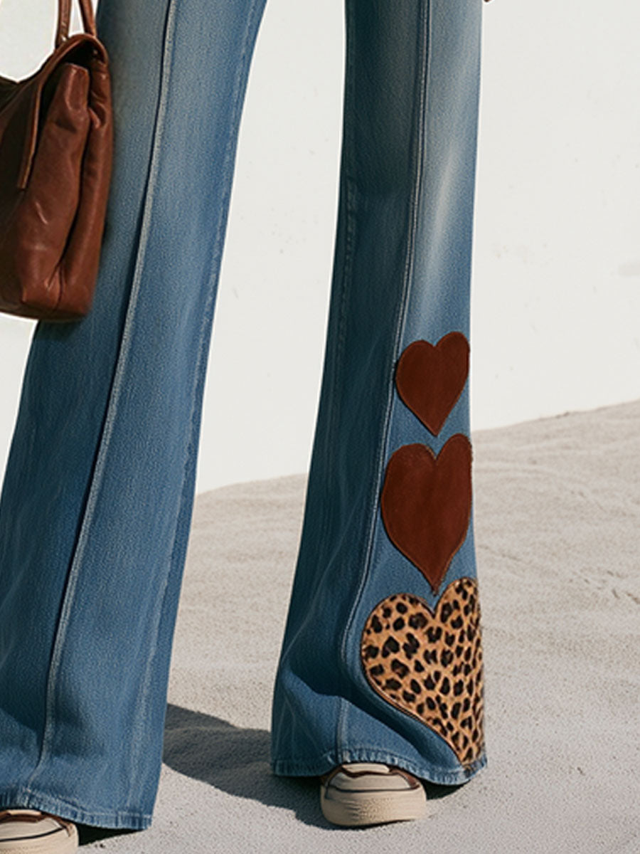 Casual Retro Heart-patterned Leopard Print Faded Blue Jeans