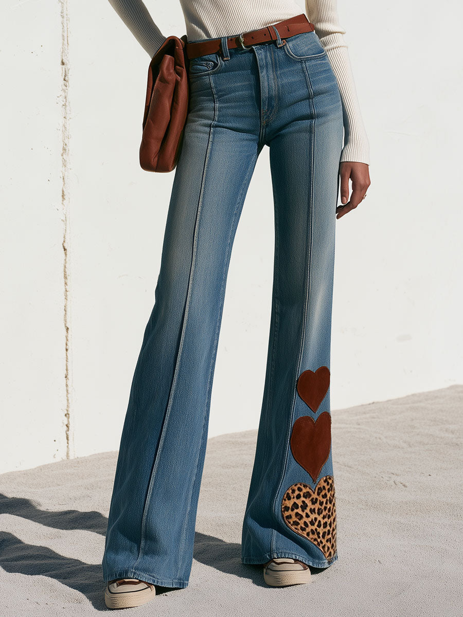 Casual Retro Heart-patterned Leopard Print Faded Blue Jeans
