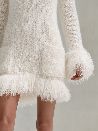Stylish And Elegant White Mohair Knit Blend Tassel V-neck Mini Dress