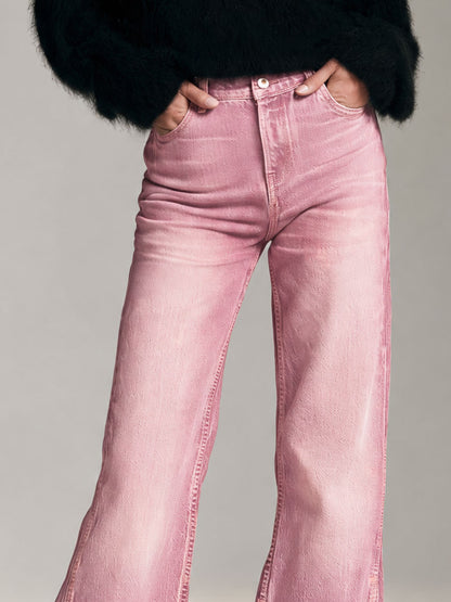 Retro-chic Faux Fur Trim Pink Denim Pants