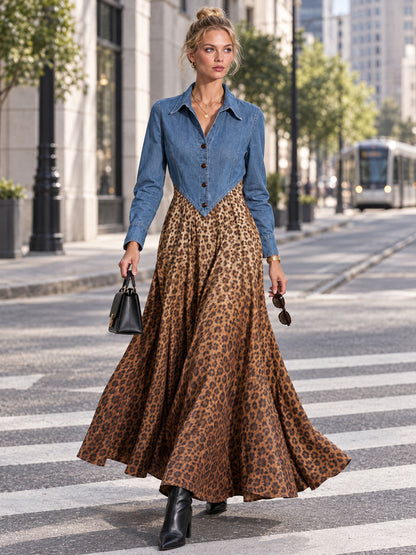 Fashionable Retro Blue Denim Patchwork Leopard Print Velvet Print Maxi Dress