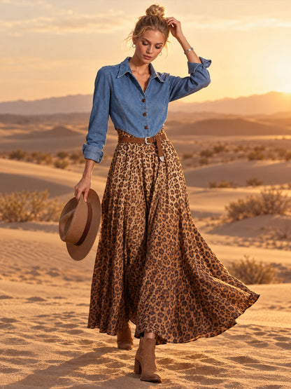 Fashionable Retro Blue Denim Patchwork Leopard Print Velvet Print Maxi Dress