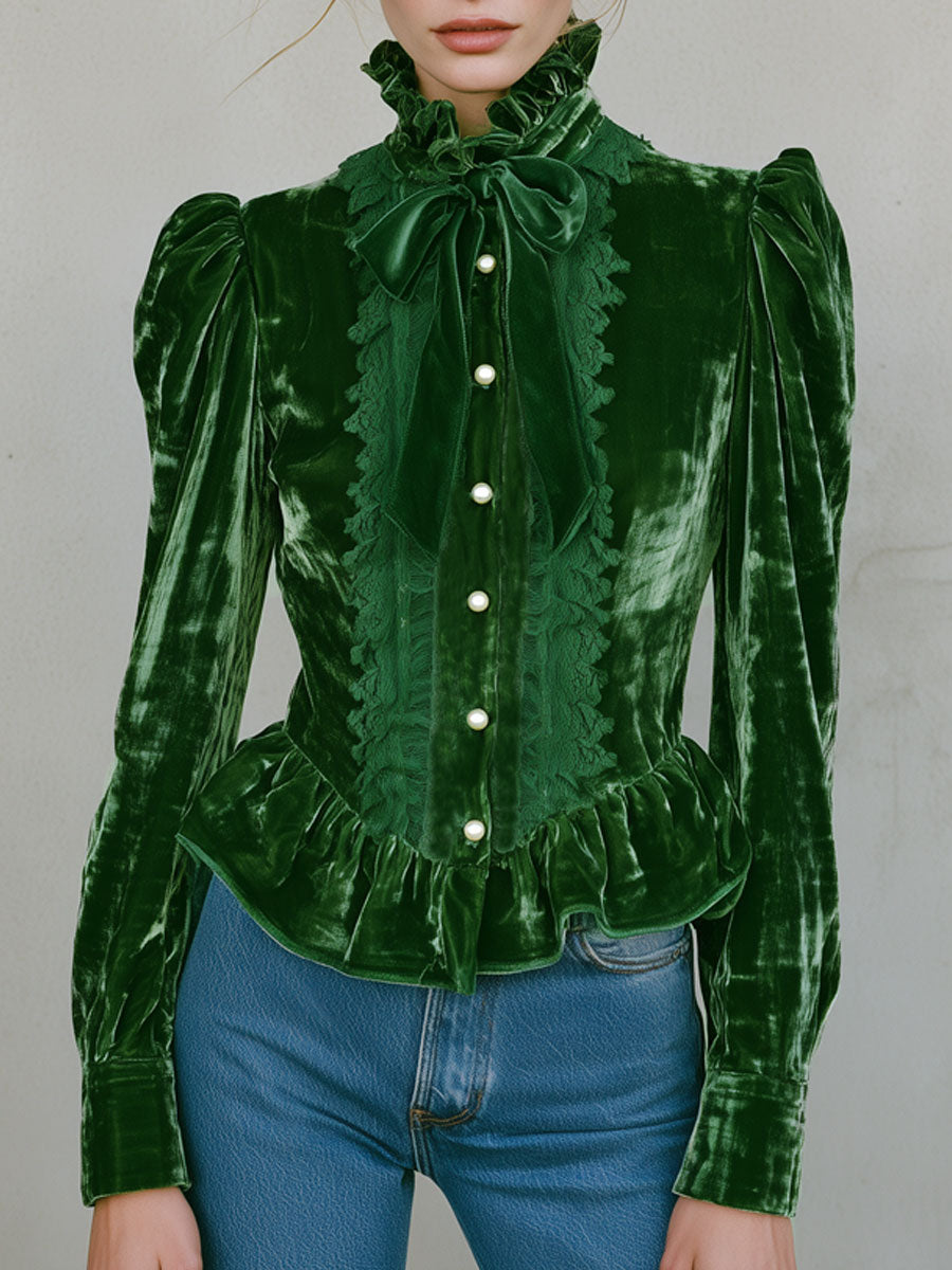 Fashionable Retro Lace Green Velvet Ruffled Long-sleeved Shirt