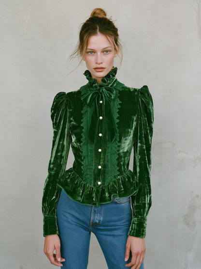 Fashionable Retro Lace Green Velvet Ruffled Long-sleeved Shirt