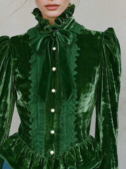 Fashionable Retro Lace Green Velvet Ruffled Long-sleeved Shirt