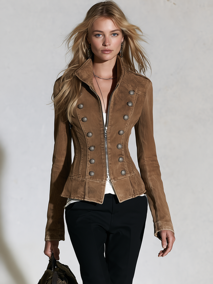Military Brown Women Stand Collar Double Button Fitted Denim Jacket