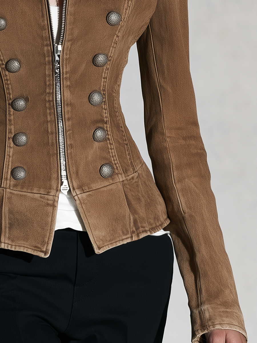 Military Brown Women Stand Collar Double Button Fitted Denim Jacket