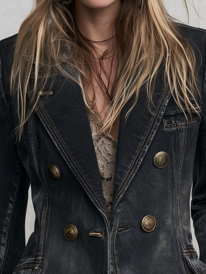 Vintage Black Women Double Breasted Notch Lapel Denim Blazer