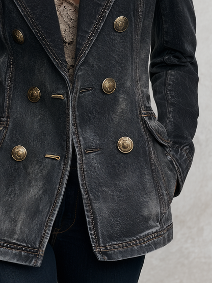 Vintage Black Women Double Breasted Notch Lapel Denim Blazer