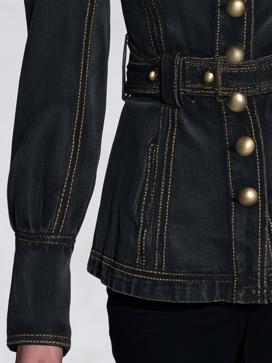 Western Black Women Belted Button Front Puff Sleeve Denim Jacket