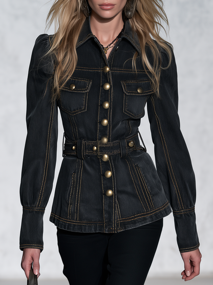 Western Black Women Belted Button Front Puff Sleeve Denim Jacket