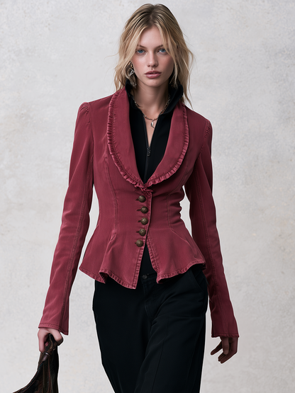 Victorian Burgundy Women Ruffle Collar Peplum Fitted Denim Jacket