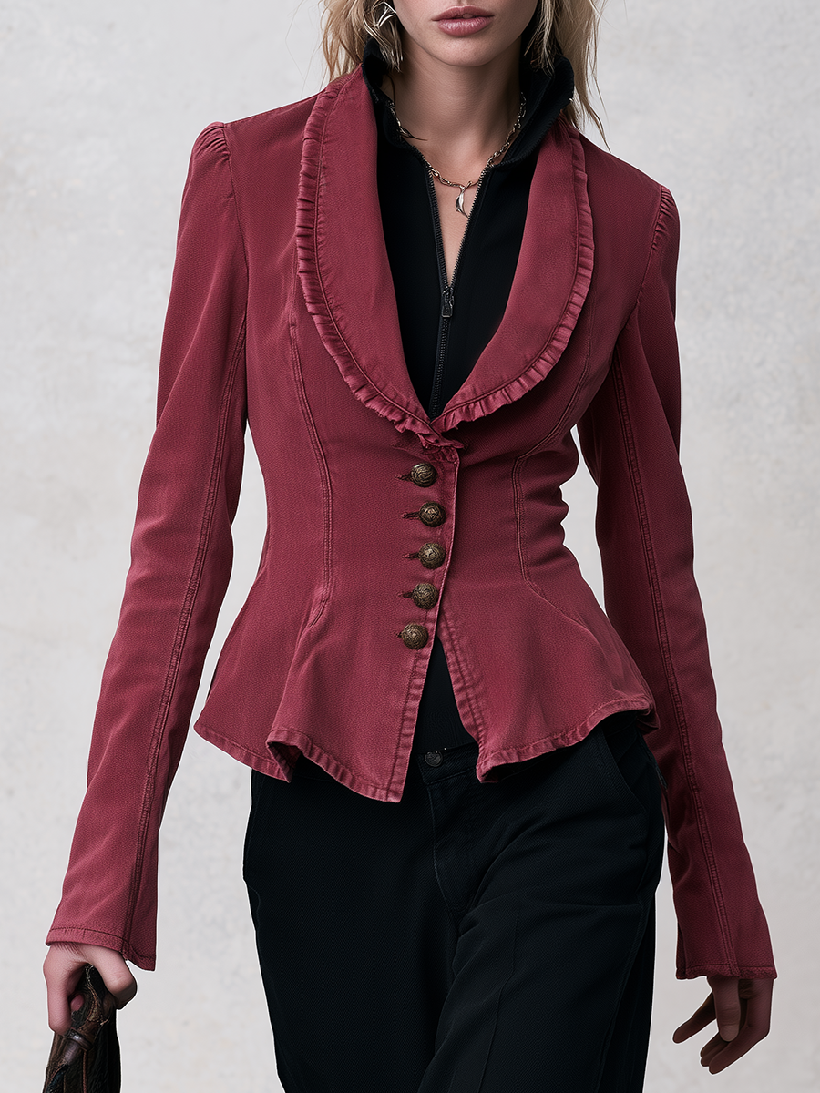 Victorian Burgundy Women Ruffle Collar Peplum Fitted Denim Jacket