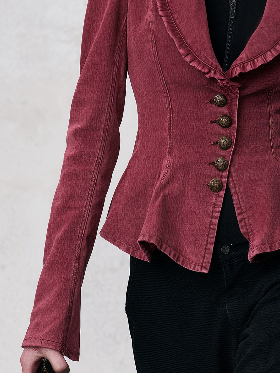 Victorian Burgundy Women Ruffle Collar Peplum Fitted Denim Jacket