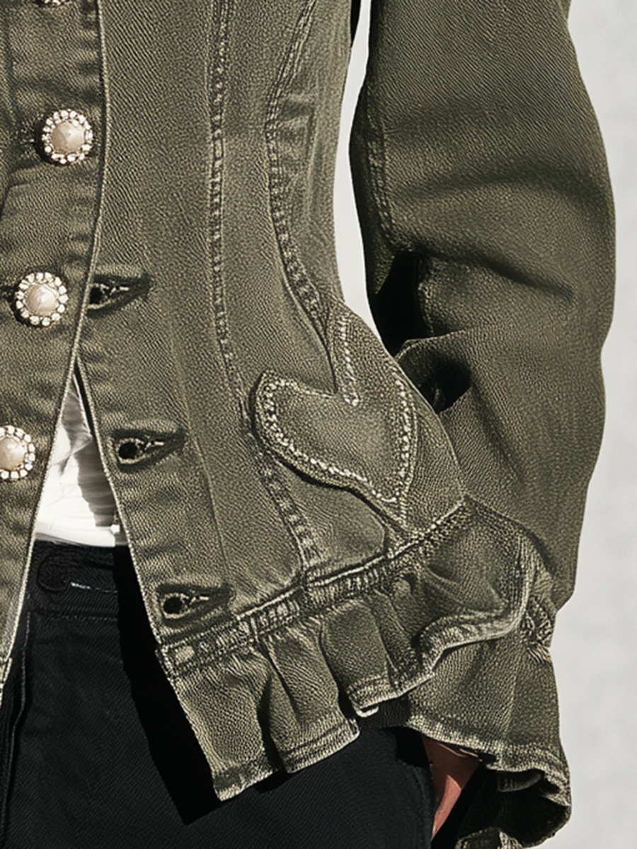 Western Olive Women Ruffle Hem Pearl Button Puff Sleeve Denim Jacket