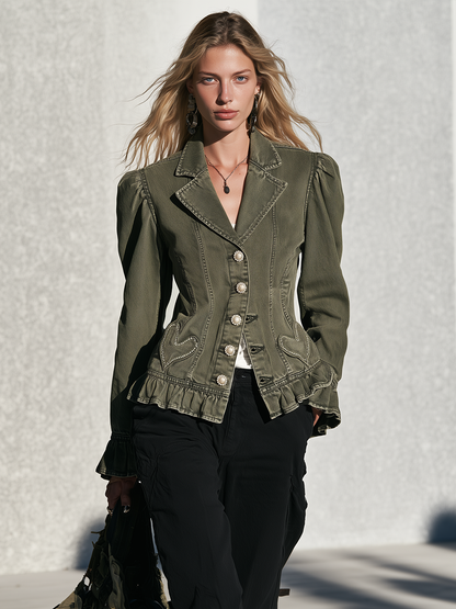 Western Olive Women Ruffle Hem Pearl Button Puff Sleeve Denim Jacket