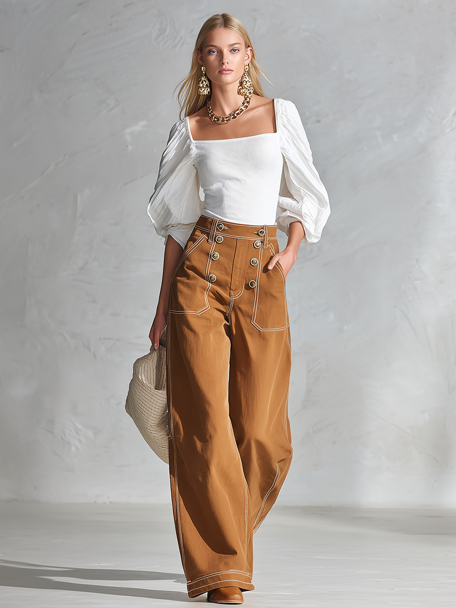 Vintage Caramel Women High Waist Button Front Wide Leg Pants