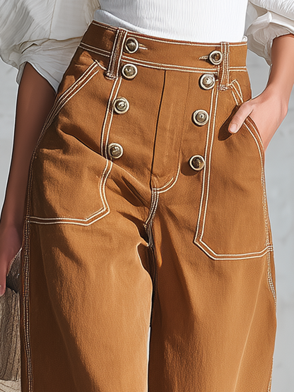 Vintage Caramel Women High Waist Button Front Wide Leg Pants
