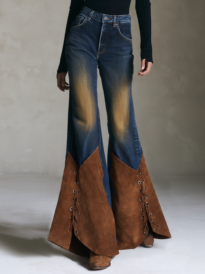 Western Lace-Up Women Suede Panel Flare Denim Jeans