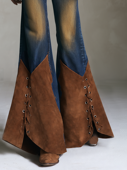 Western Lace-Up Women Suede Panel Flare Denim Jeans
