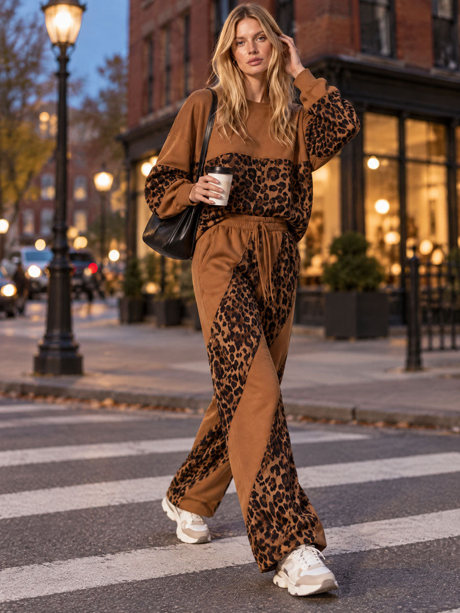 Casual Retro Leopard Print Velvet Patchwork Brown Cotton Sweatshirt And Pants Set