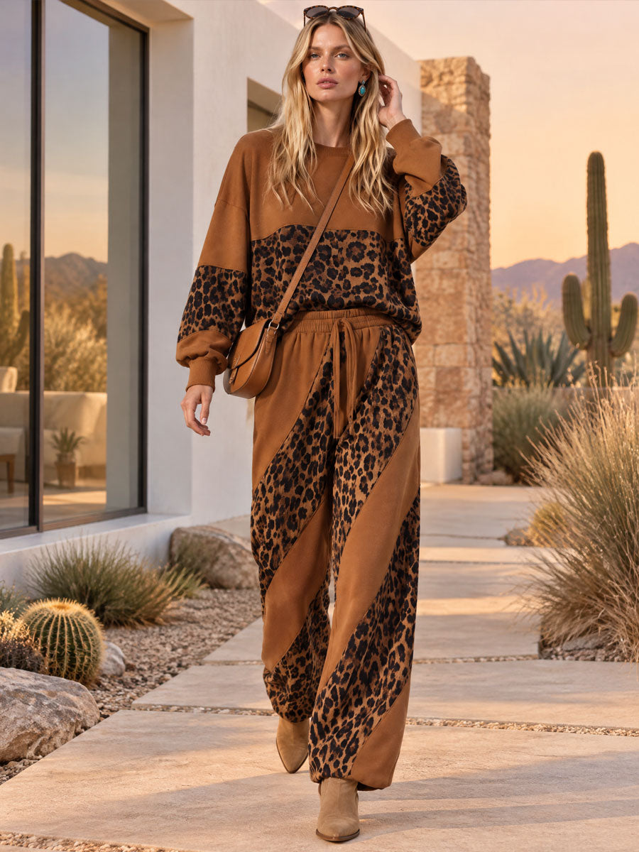 Casual Retro Leopard Print Velvet Patchwork Brown Cotton Sweatshirt And Pants Set