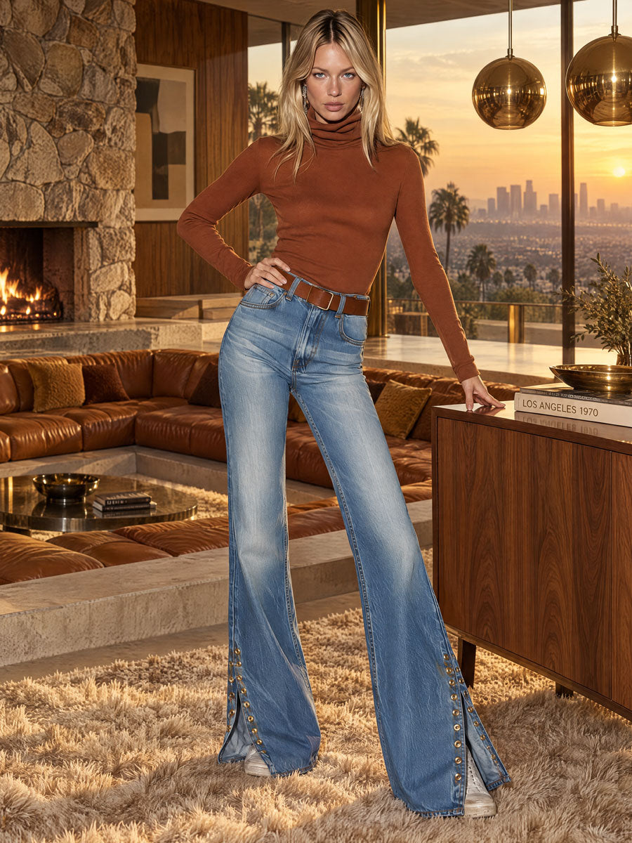 Casual Retro Split-hem Flared Faded Blue Jeans