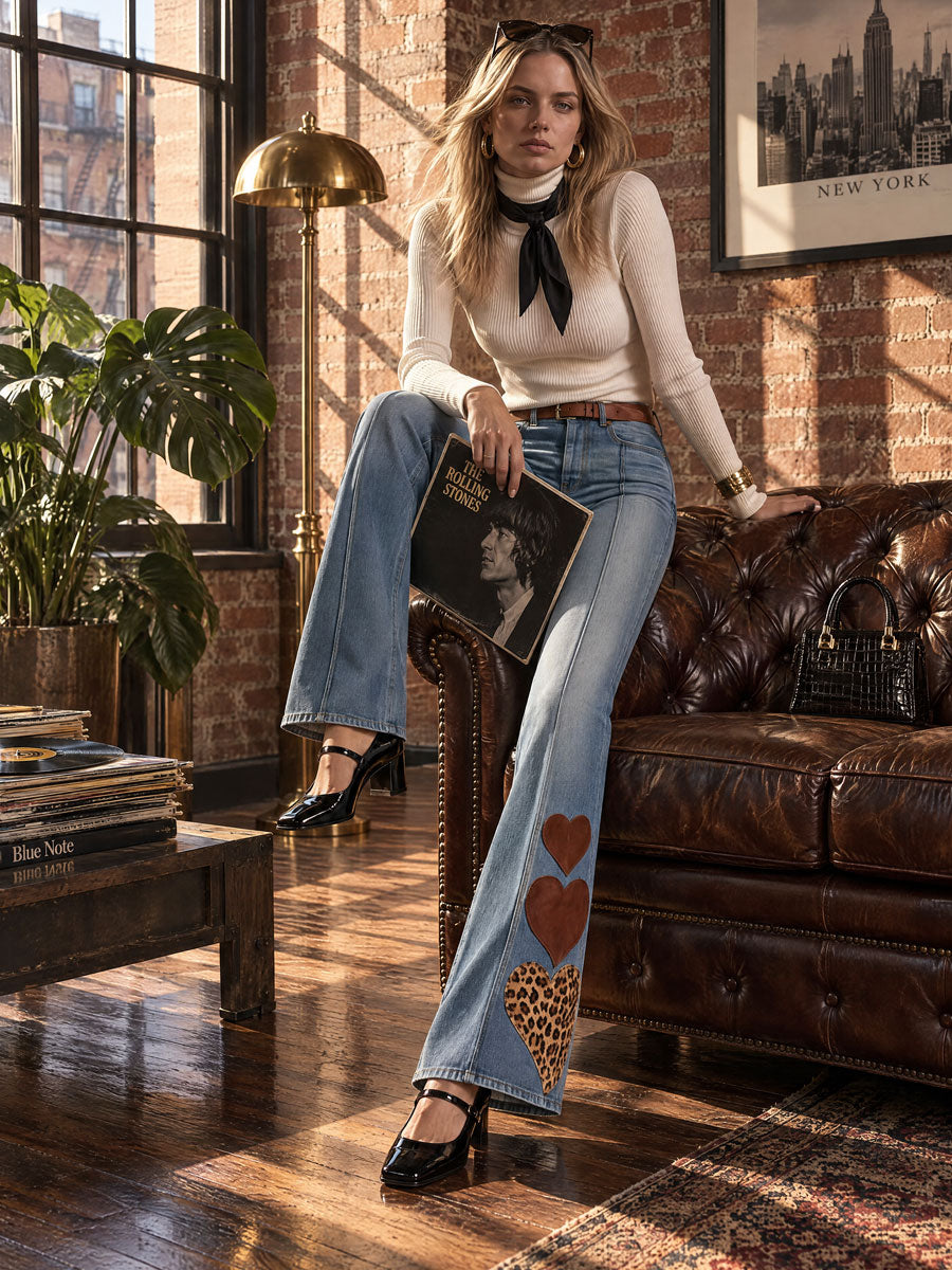 Casual Retro Heart-patterned Leopard Print Faded Blue Jeans