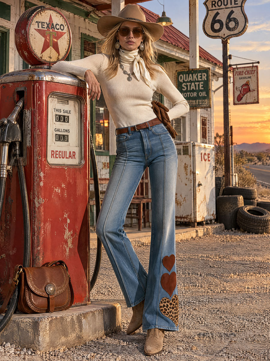 Casual Retro Heart-patterned Leopard Print Faded Blue Jeans