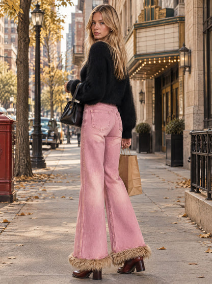 Retro-chic Faux Fur Trim Pink Denim Pants