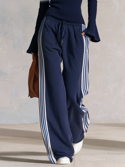 Retro Sporty Striped Knit Flare-Sleeve Sweatshirt And Pants Set