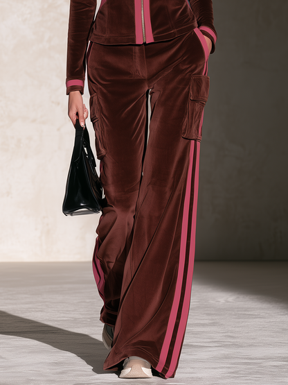 Retro Sporty Color Block Velvet Matching Set Women Casual Two Piece Outfit