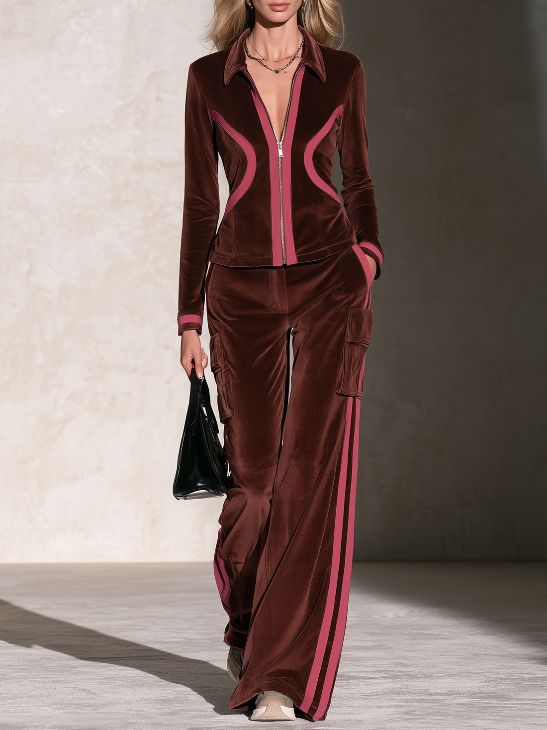 Retro Sporty Color Block Velvet Matching Set Women Casual Two Piece Outfit