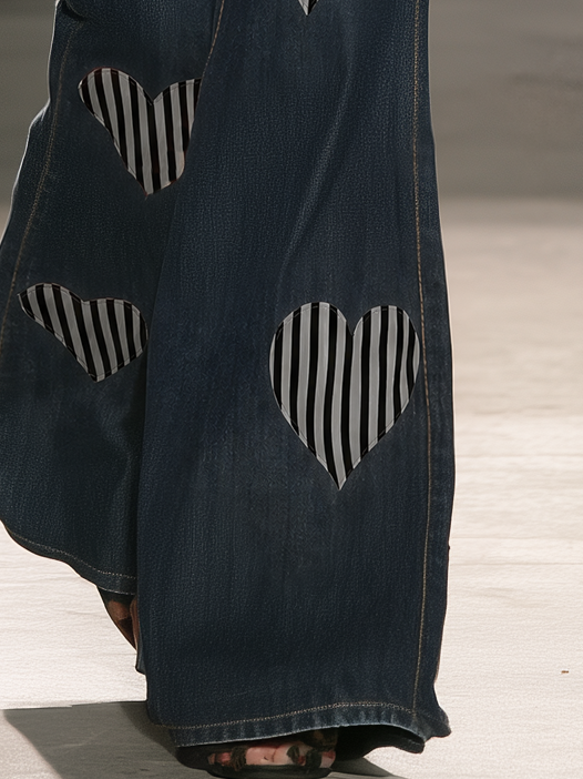 Retro Heart Applique Flare Jeans - Vintage Stripe Denim For Women