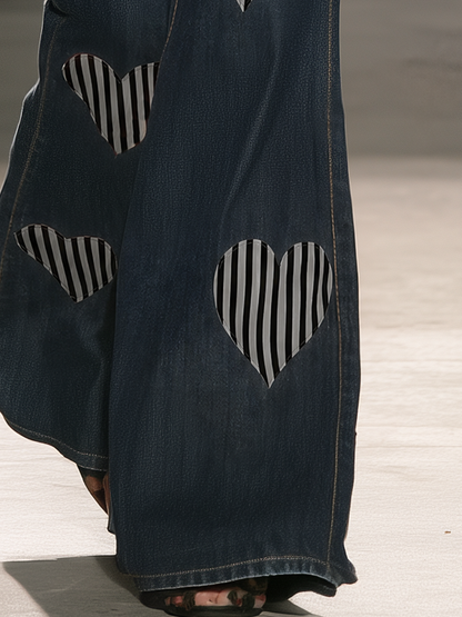 Retro Heart Applique Flare Jeans - Vintage Stripe Denim For Women