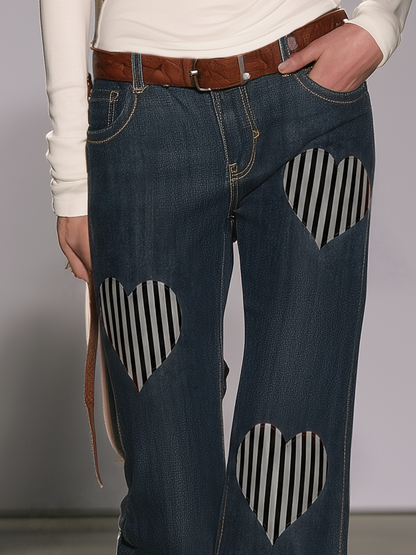 Retro Heart Applique Flare Jeans - Vintage Stripe Denim For Women