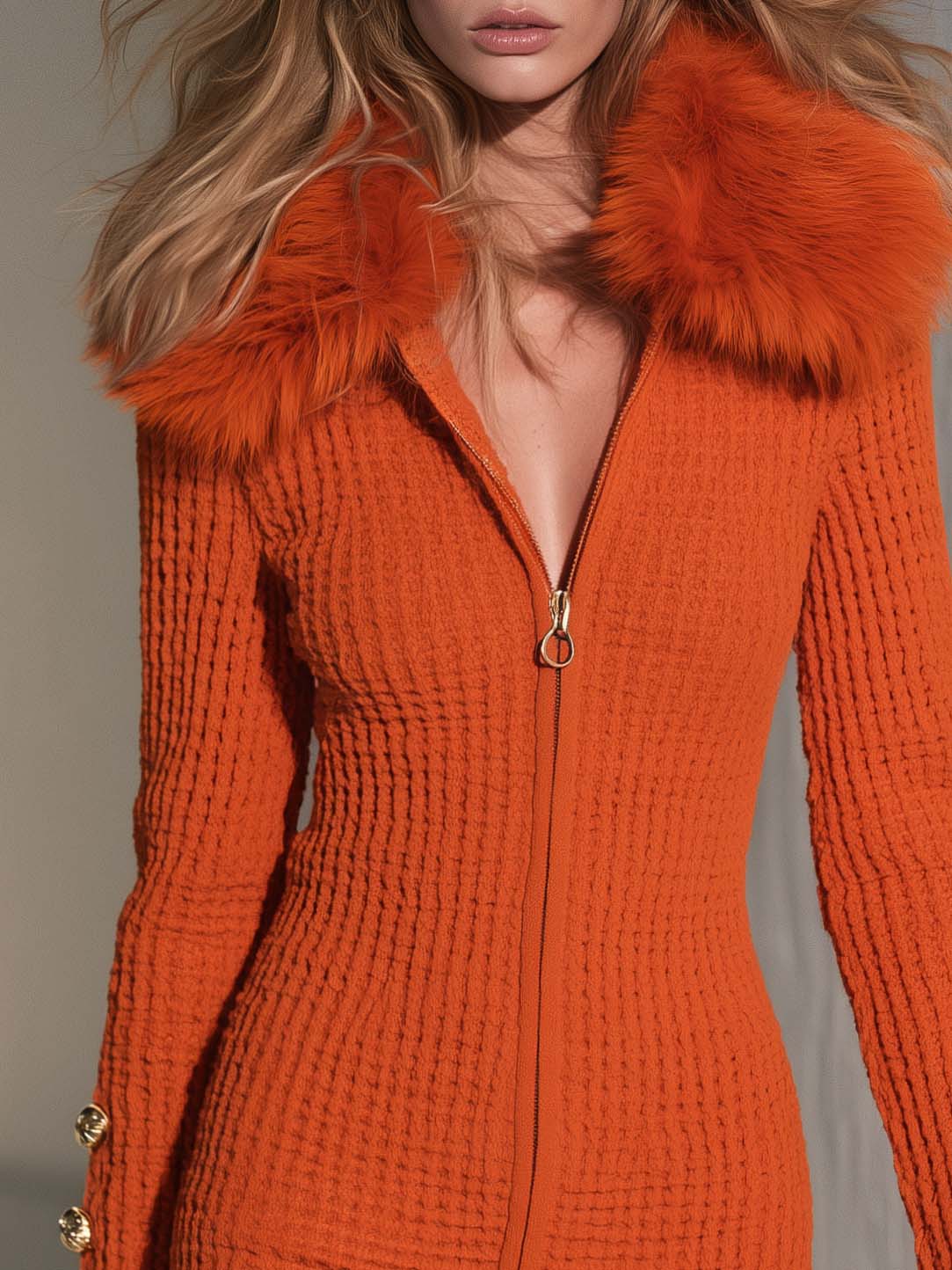 Elegant Detachable Faux Fur Collar Burnt-Orange Waffle Knit Zip-Up Bodycon Mini Sweater Dress