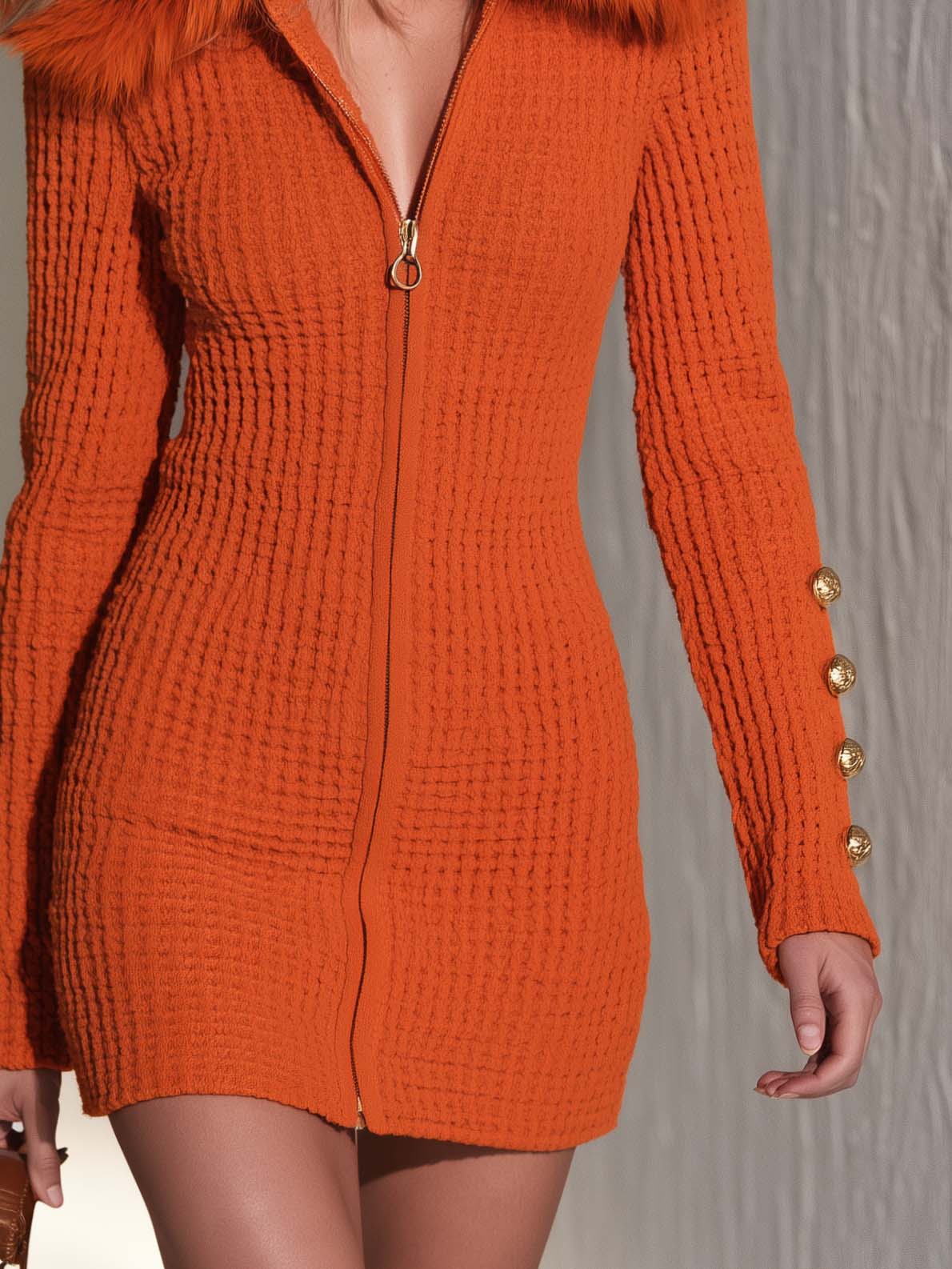 Elegant Detachable Faux Fur Collar Burnt-Orange Waffle Knit Zip-Up Bodycon Mini Sweater Dress