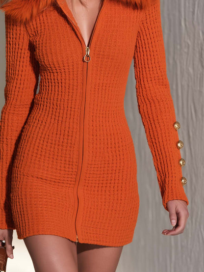 Elegant Detachable Faux Fur Collar Burnt-Orange Waffle Knit Zip-Up Bodycon Mini Sweater Dress