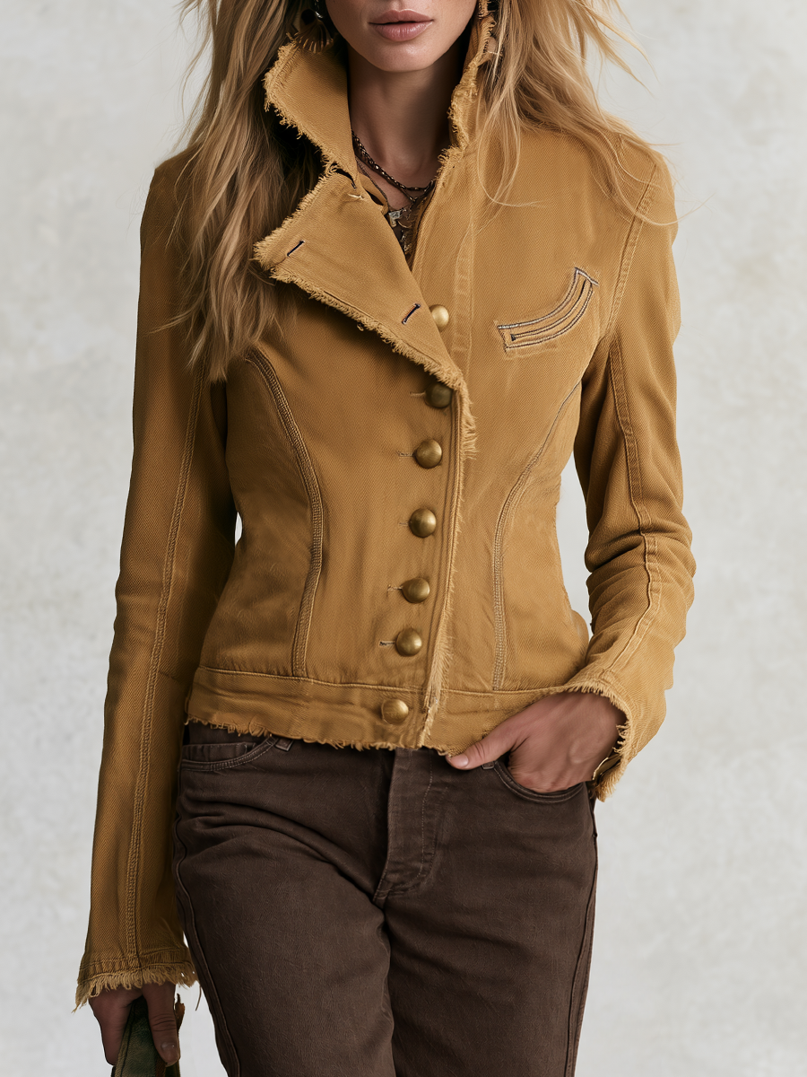 Retro Mustard Women Frayed Stand Collar Button Fitted Denim Jacket