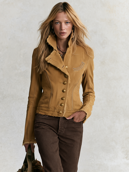 Retro Mustard Women Frayed Stand Collar Button Fitted Denim Jacket
