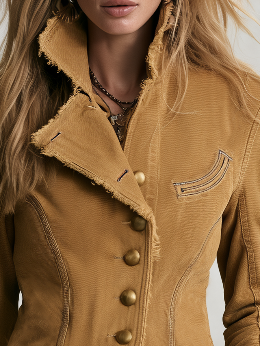 Retro Mustard Women Frayed Stand Collar Button Fitted Denim Jacket