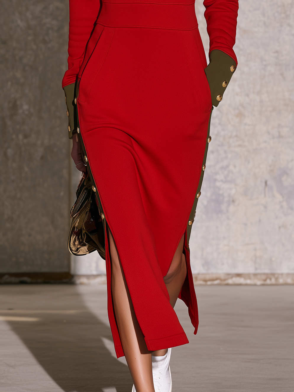 Retro Military Red Sweatshirt Midi Dress With Olive Contrast Gold Buttons