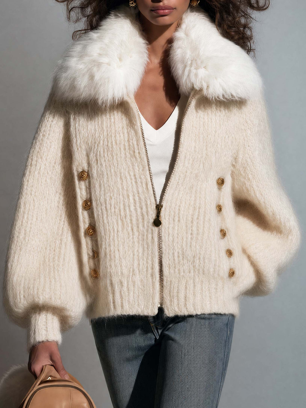 Vintage Chic Cream Fuzzy Knit Women Zip Up Detachable Faux Fur Collar Cardigan