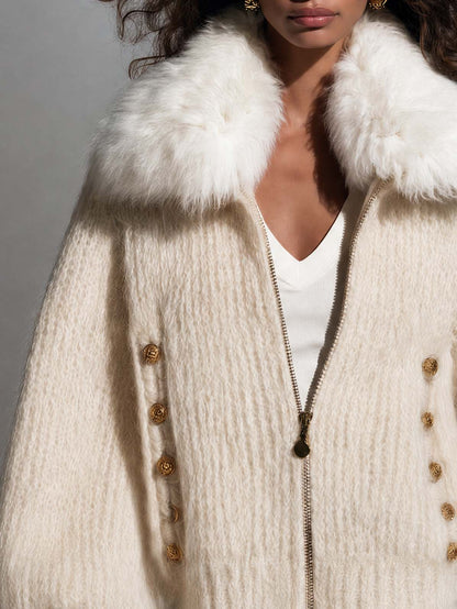 Vintage Chic Cream Fuzzy Knit Women Zip Up Detachable Faux Fur Collar Cardigan