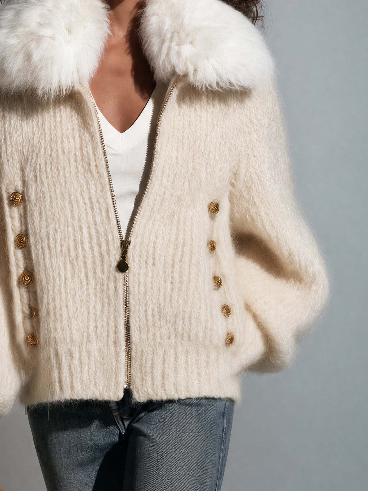 Vintage Chic Cream Fuzzy Knit Women Zip Up Detachable Faux Fur Collar Cardigan